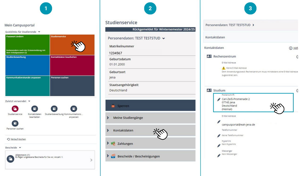 Screenshot Campusportal Studienservice Kontaktdaten