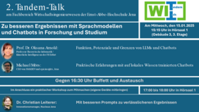 Übersicht / Agenda zum 2.Tandem-Talk mit Thema "Zu besseren Ergebnissen mit Sprachmodellen und Chatbots in Forschung und Studium" an der EAH Jena